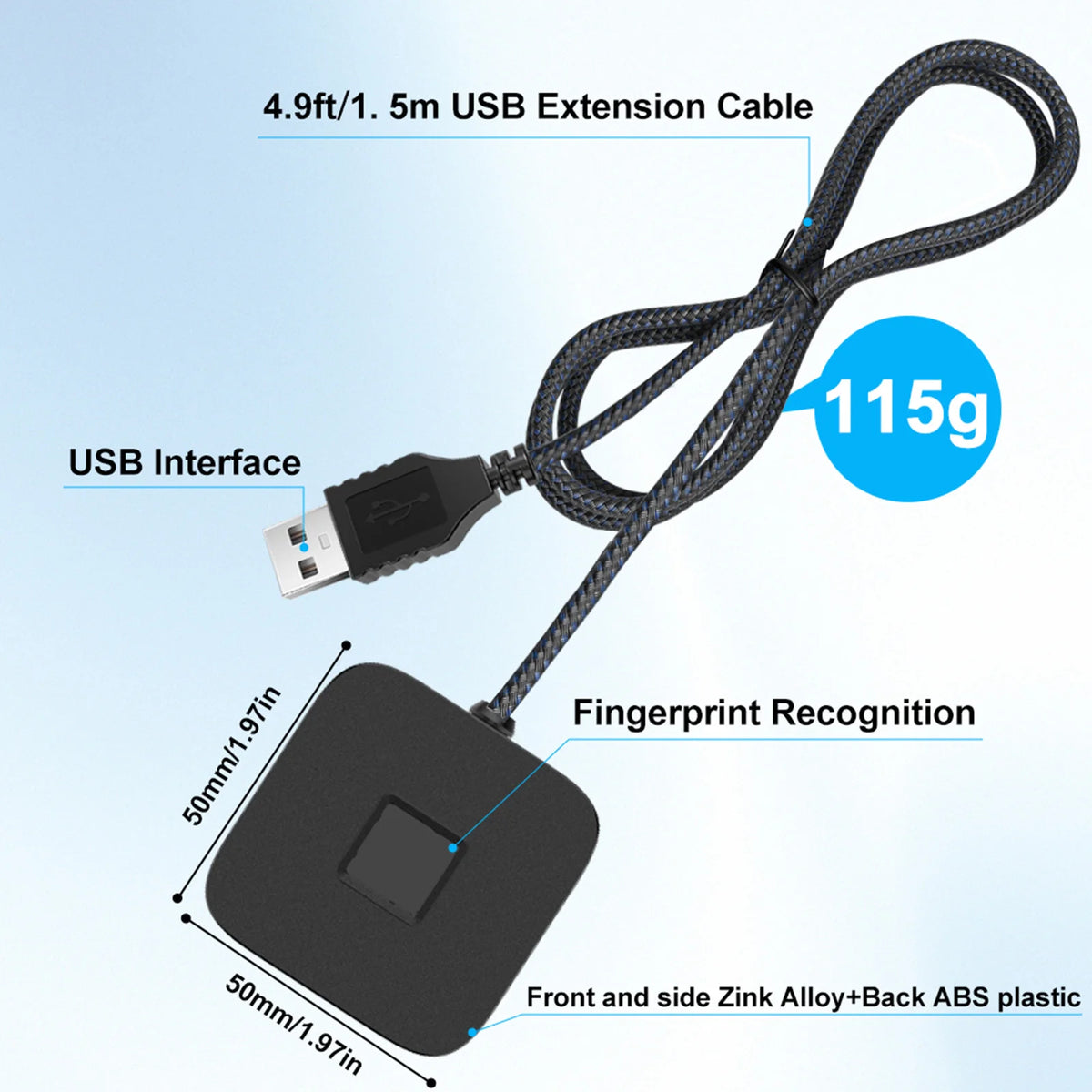 Windows Hello 10 11 Fingerprint Reader 5ft Cable Portable USB Logger Zpaxo black