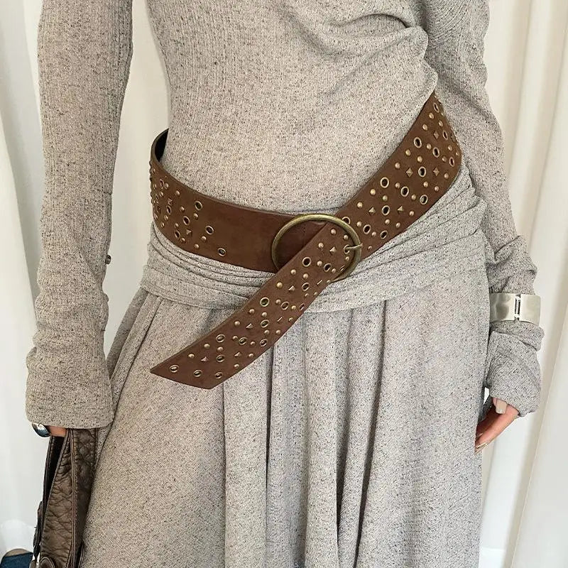 Retro Suede Rivet Belt Punk Gothic Western Cowgirl Wide Cummerbunds Zpaxo A3