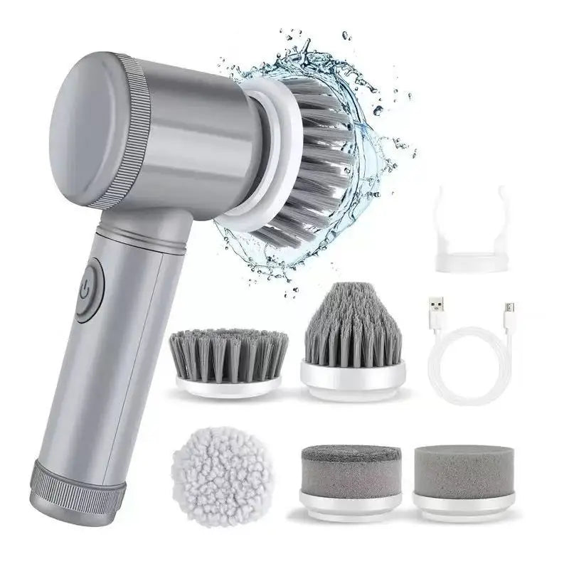 Electric Spin Scrubber Cordless 5 Replaceable Brush Heads Cleaning Zpaxo Grey 5in1