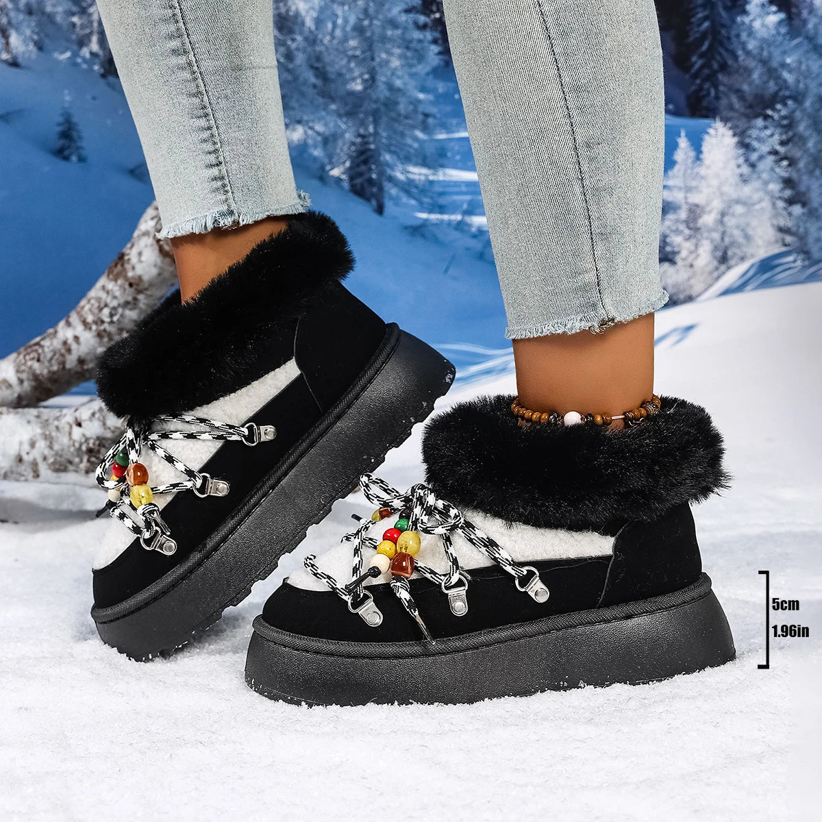 2025 Winter Ankle Boots Women Platform Shoes Antiskid Waterproof Ski Boots Luxury Fluffy Furry Fur Boots Woman's Ankle Booties Zpaxo black 41