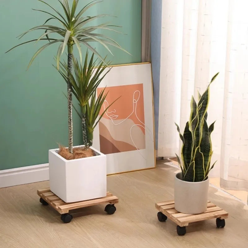 Solid Wood Planter Tray Potted Stand Rack Bonsai Round Wheel Zpaxo