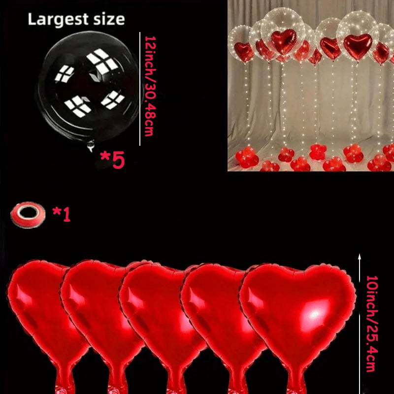 Transparent Bubble Red Heart Balloon Bundle Wedding Valentine's Heavy Zpaxo red-5pcs 10-18inch