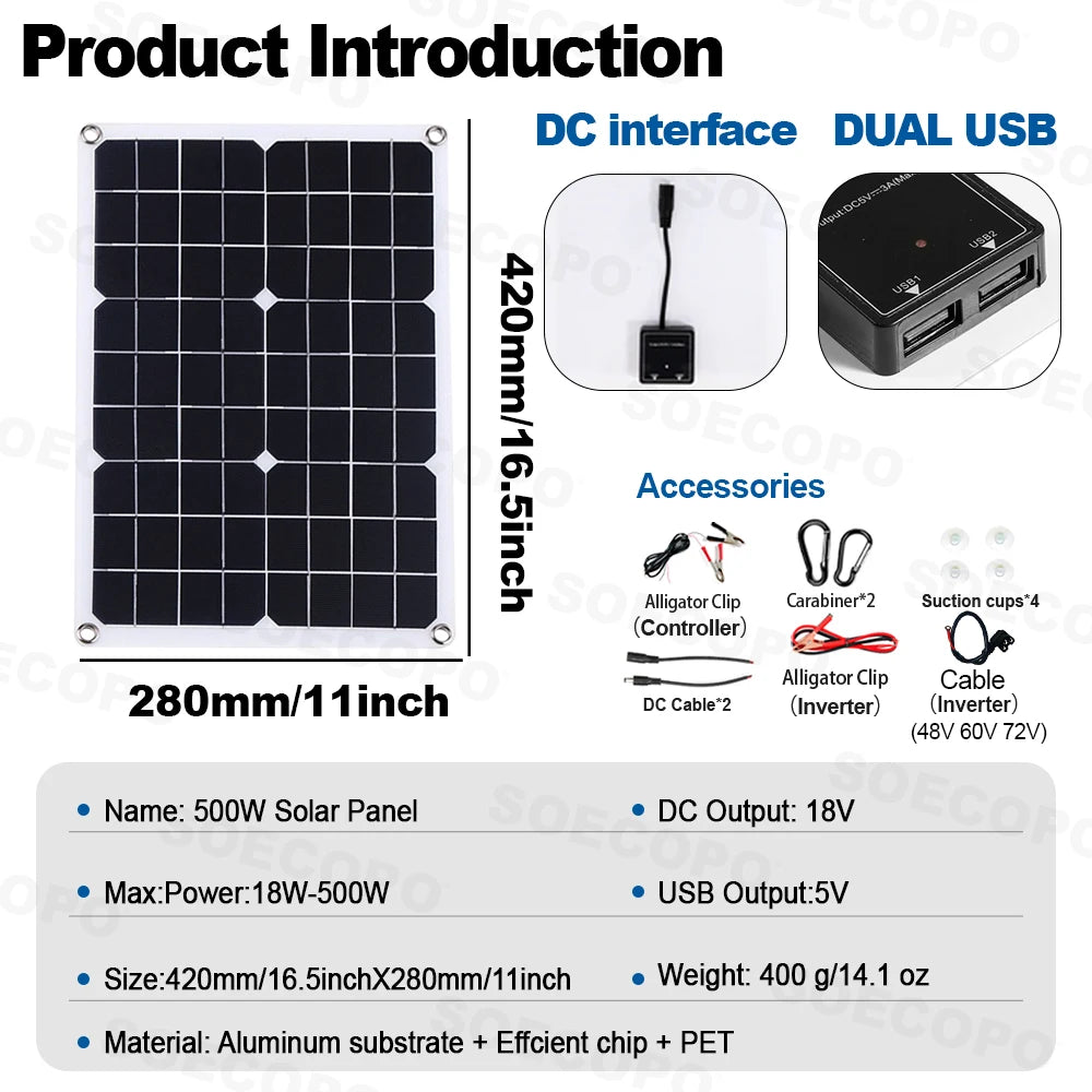 SOECOPO 15000W Complete Solar System 500W Panel Inverter 3 Sockets 8 Zpaxo