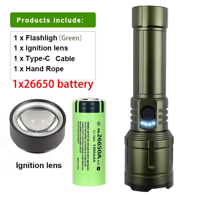 Flashlight Lighter Power Bank Rechargeable Zoomable 5 Mode Bright Zpaxo Green-26650 Battery