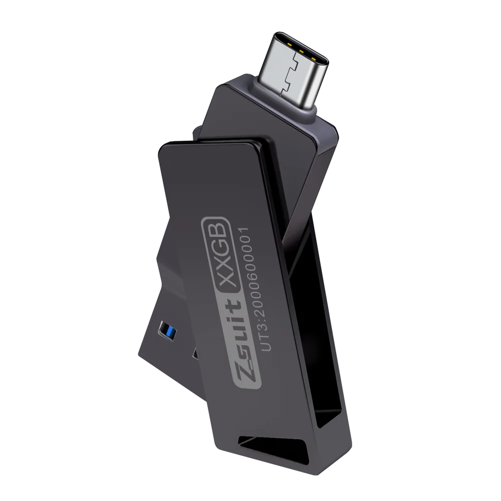 Zsuit USB Flash Drives Rotate USB-C Pendrive 64GB 128GB USB3.0 Type-C Pen Drives 2in 1 U Disk for iPhone Laptops Memory Stick Zpaxo 128 GB black