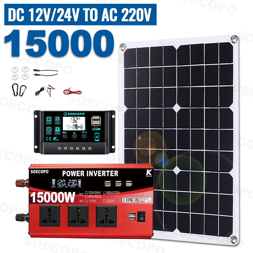 SOECOPO 15000W Complete Solar System 500W Panel Inverter 3 Sockets 8 Zpaxo 12V 24V To 220V 50Hz