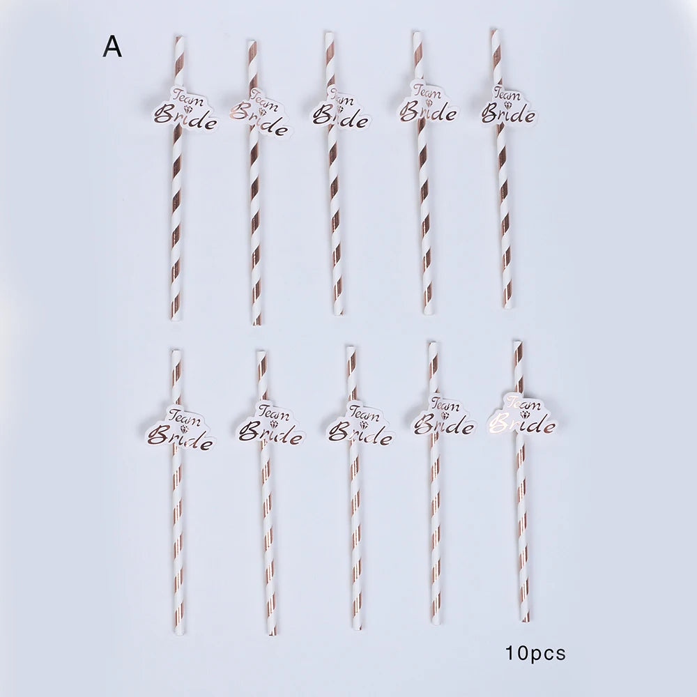 10Pcs Party Straws Team Bride Rose Gold Foil Paper Drinking Straws Bridal Shower Wedding Hen Party Accessories Zpaxo 10Pcs A