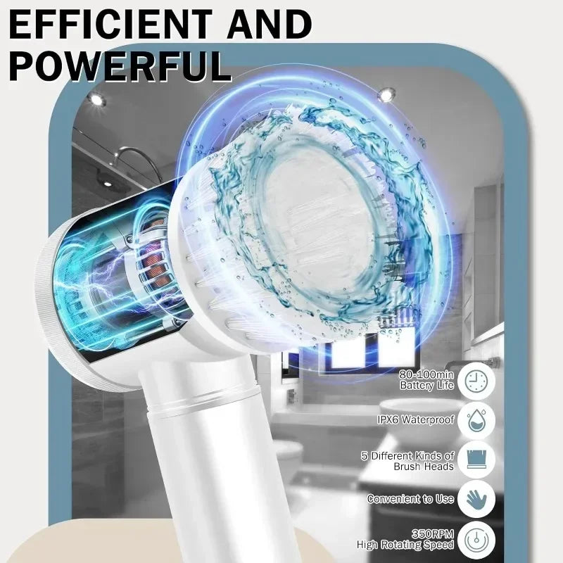 Power Scrubber 5 Replaceable Brush Heads Electric Spin Bathroom Zpaxo