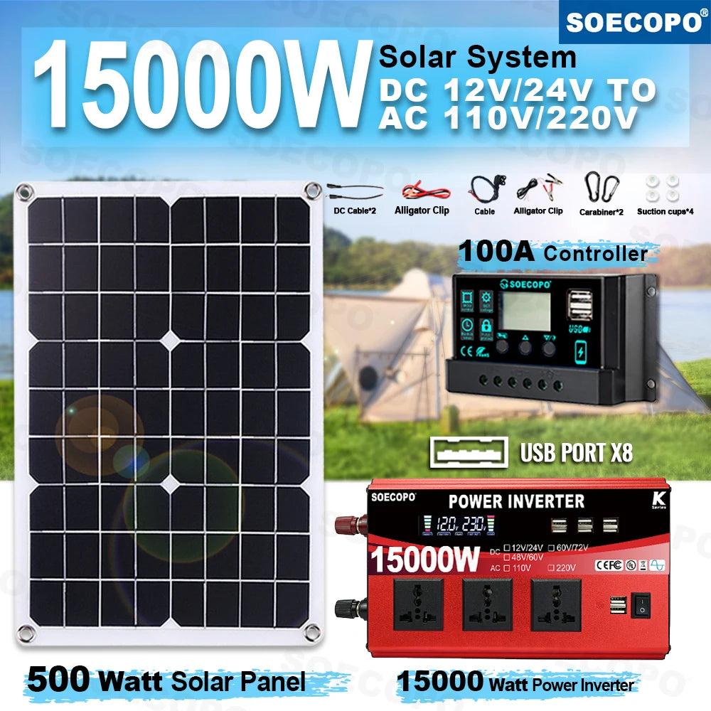 SOECOPO 15000W Complete Solar System 500W Panel Inverter 3 Sockets 8 Zpaxo