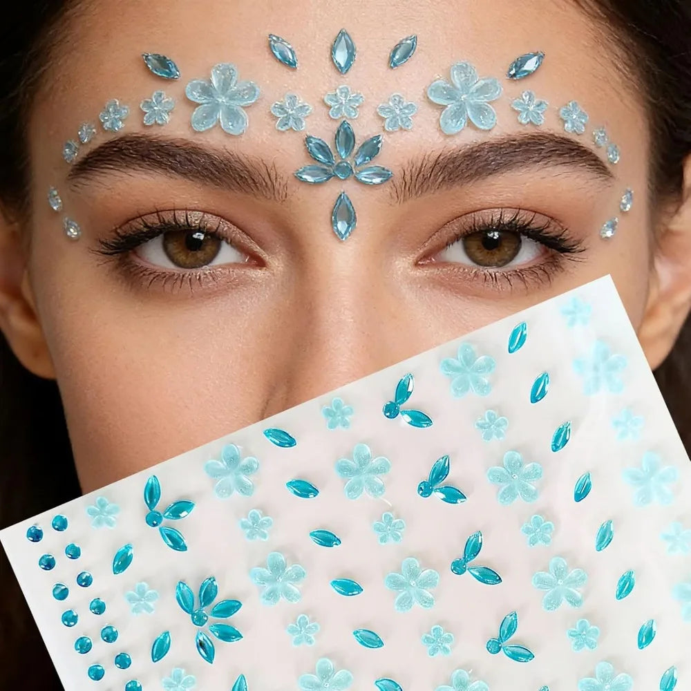 Flower Face Tattoo Sticker Pure Self-adhesive Rhinestones Jewelry Zpaxo Blue